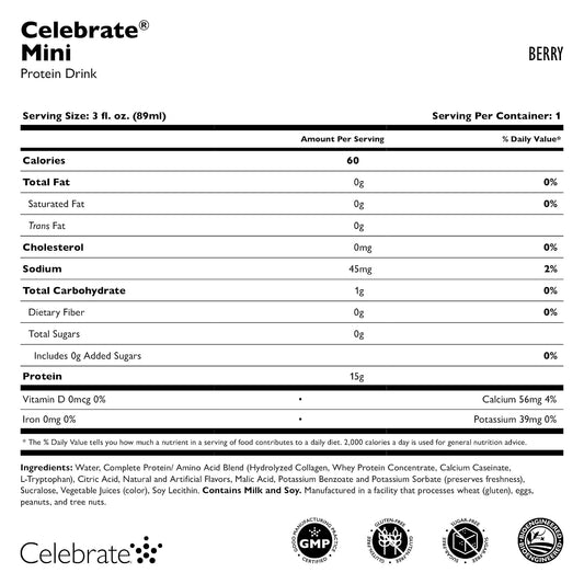 Celebrate Vitamins Mini Protein Drinks - Ready to Drink, 15g Complete Protein, BCAAs Amino Acids and Hydrolyzed Collagen - Zero Carbs, Gluten Free, Sugar Free, & Fat Free - 3 Fl Oz Each
