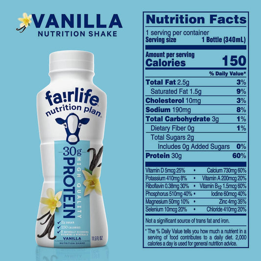 Fairlife Nutrition Protein Shakes - Pack of 12 | 30g Protein, Low Sugar, Lactose-Free | Delicious Vanilla, Chocolate, Salted Caramel, and Strawberry Flavors 11.5 fl., oz. (In KozyHome Packaging) (Vanilla)
