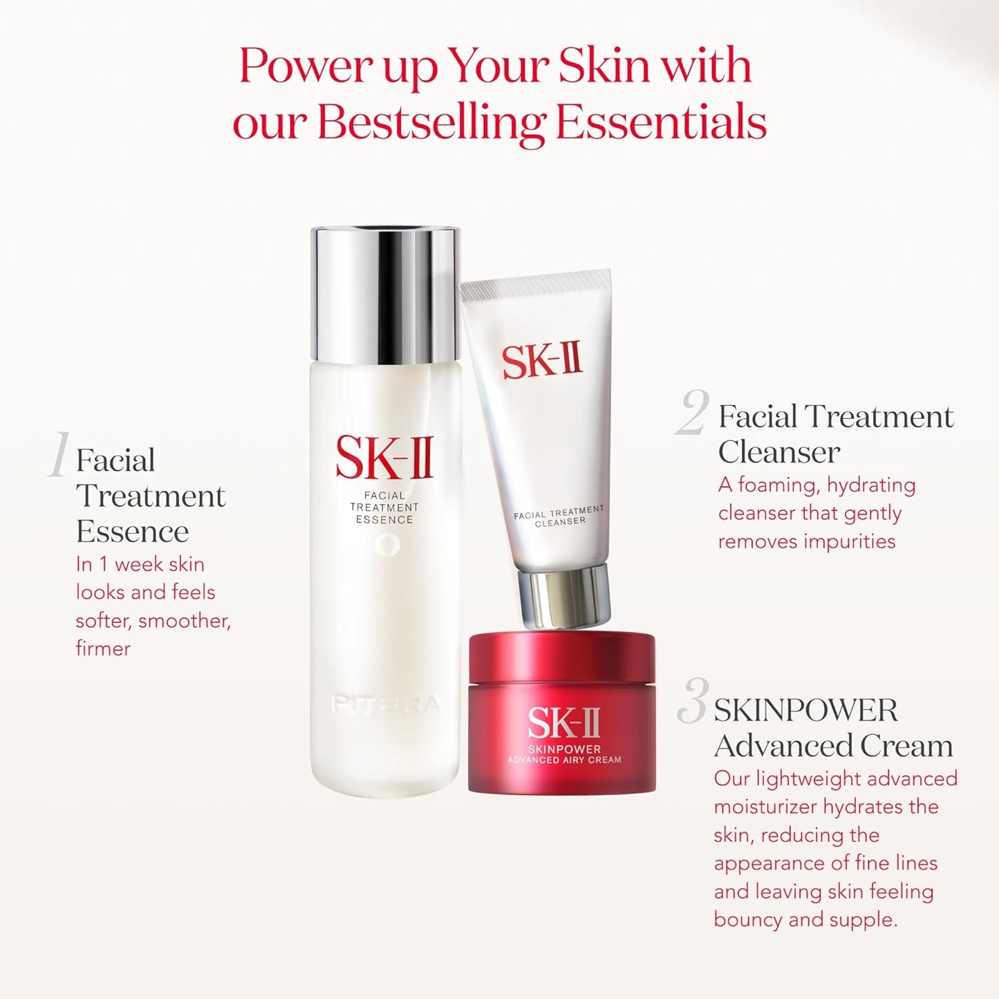 SK-II Youth Essentials Skin Care Set - Includes Facial Cleanser, Facial Essence & SKINPOWER Face Cream - Anti Aging Skin Care Set to Reduce Fine Lines & Improve Uneven Texture (3 Count)