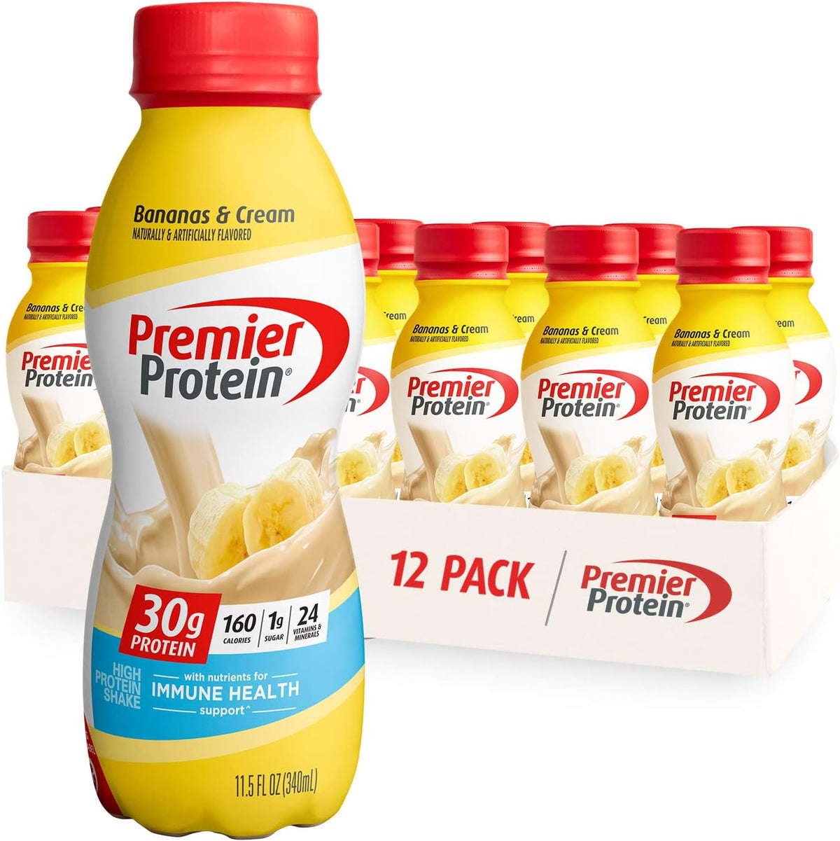 Premier Protein Shake Vanilla & Bananas & Cream, 30g Protein, 1g Sugar, 24 Vitamins & Minerals, 12 Pack Bundle