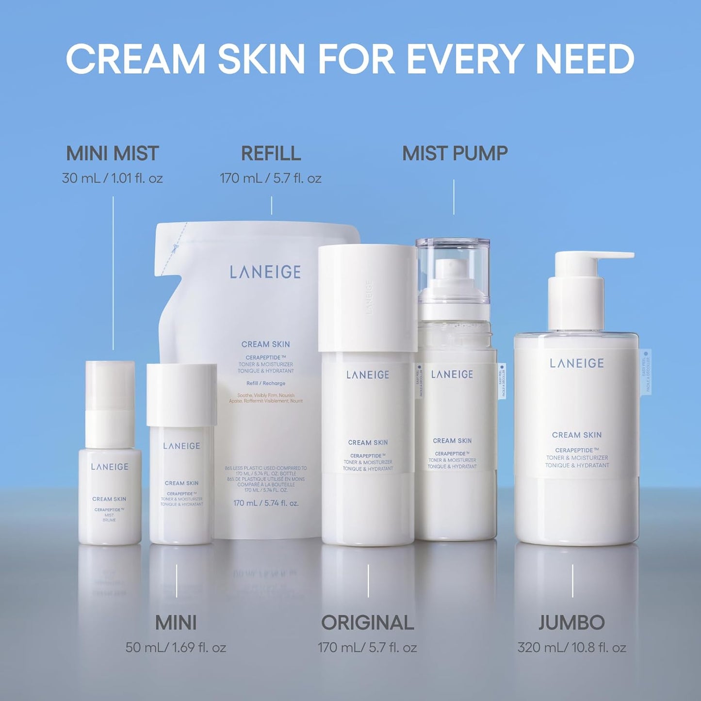 LANEIGE Cream Skin Toner & Moisturizer: Lightweight Refillable Korean Milky Toner with Ceramide & Peptide for Hydration, Firming, & Barrier Support