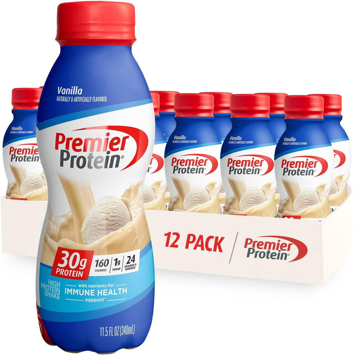 Premier Protein Shake Vanilla & Bananas & Cream, 30g Protein, 1g Sugar, 24 Vitamins & Minerals, 12 Pack Bundle