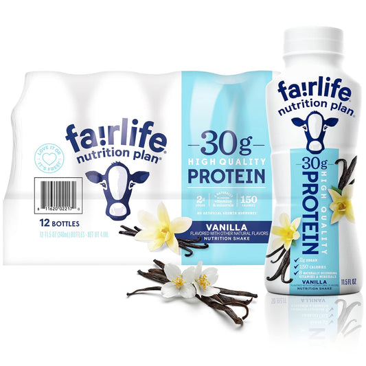 Fairlife Nutrition Protein Shakes - Pack of 12 | 30g Protein, Low Sugar, Lactose-Free | Delicious Vanilla, Chocolate, Salted Caramel, and Strawberry Flavors 11.5 fl., oz. (In KozyHome Packaging) (Vanilla)