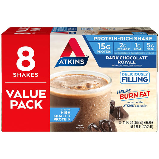 Atkins Gluten Free Protein-Rich Shake, Dark Chocolate Royale, Keto-Friendly, 8 Count (Pack of 1)