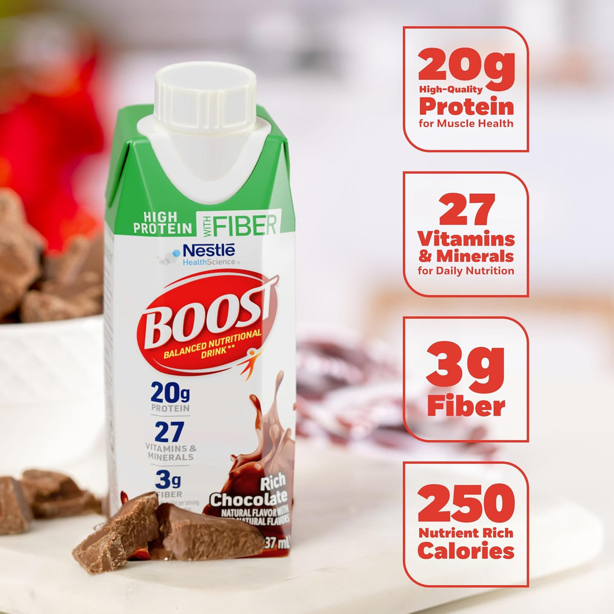 BOOST High Protein with Fiber Balanced Nutritional Shake, Chocolate, 24 pk