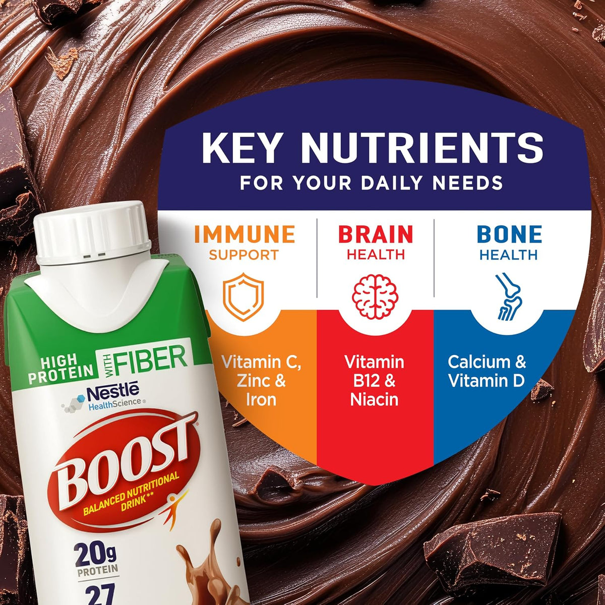 BOOST High Protein with Fiber Balanced Nutritional Shake, Chocolate, 24 pk